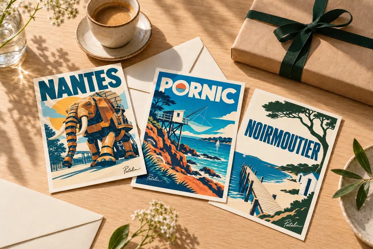 Mise en situation de cartes postales Nantes, Pornic et Noirmoutier à offrir