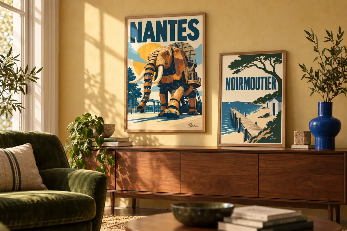 Mise en situation des affiches Nantes Pop et Noirmoutier Minimal dans un salon chaleureux